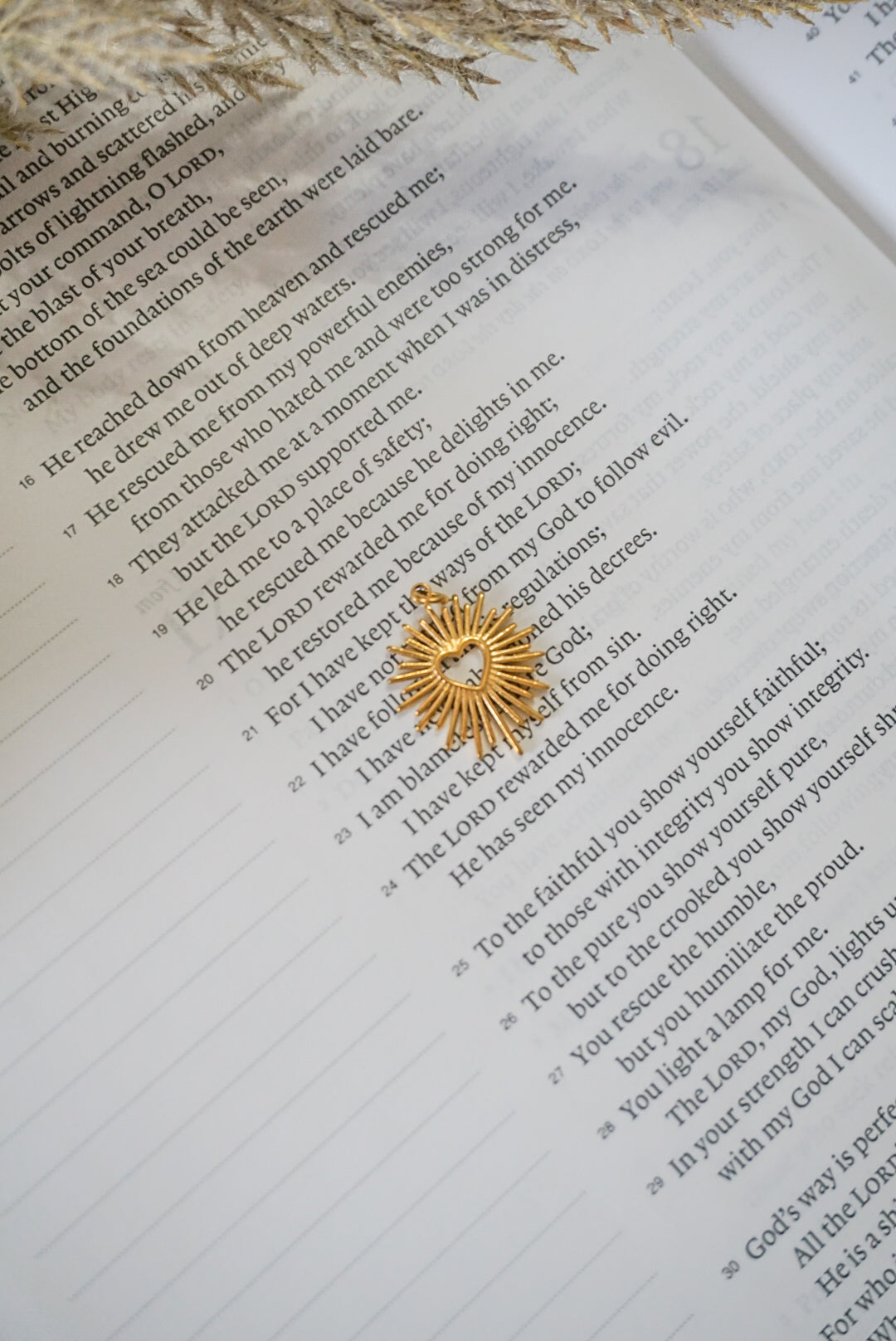 18k Gold Pvd Textured Heart Sunburst Charm