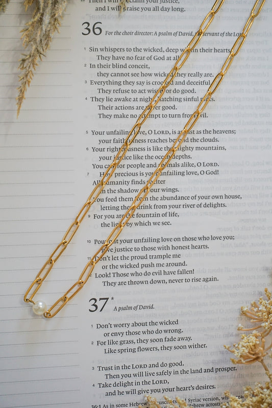 18k Gold Pvd Paperclip with Pearl Necklace